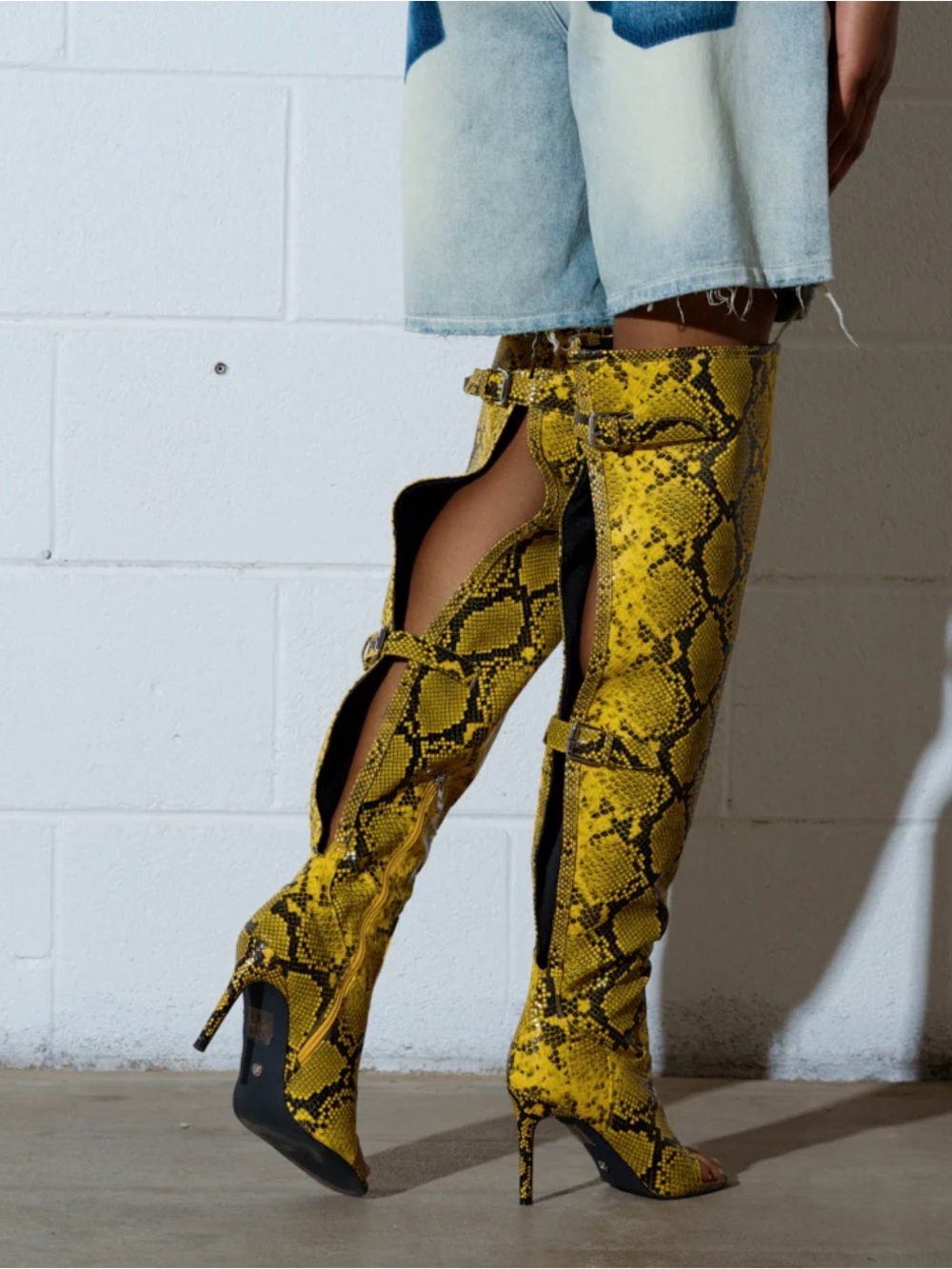 Yellow Snake-Print Open-Toe Heeled Boots - Picture 2 of 8